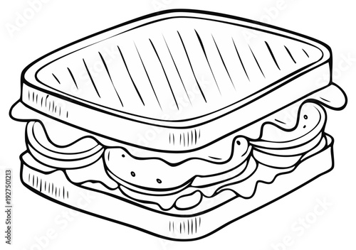 Drawing of a Grilled Sandwich With Tomato and Lettuce Outlines Food, Lunch, and Delicatessen Item
