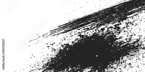 An abstract black and white grunge background featuring a dark ink splash and liquid paint splatter pattern with wet water drops and a dirty textured stain design