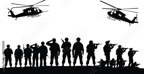 Military Soldiers and Helicopters Silhouette Scene, Armed Forces Team with Rifles and Combat Aircraft Vector Illustration Isolated on White Background