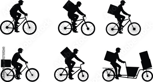 Black silhouette set of delivery couriers riding bicycles and cargo bikes with backpacks, food delivery service, urban logistics, eco-friendly transport