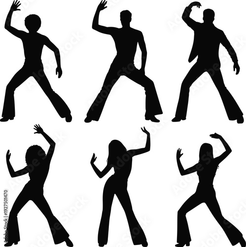 Black silhouette set of disco dancers in retro 1970s outfits, men and women dancing at a party, vintage club celebration, nightlife