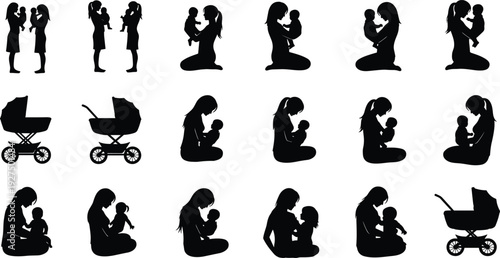 Mother and baby silhouette collection with parenting poses, newborn care and stroller icons, black vector illustration isolated on white background.