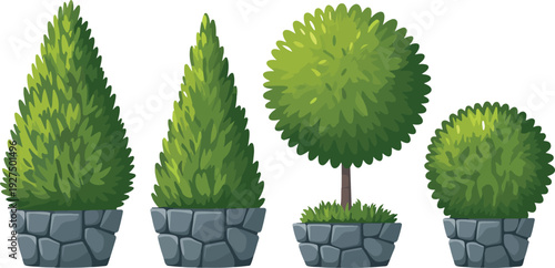 Realistic Garden Bushes Vector Set  Conical and Round Decorative Shrubs