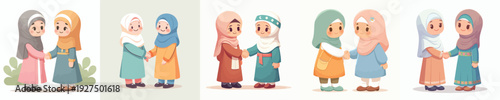vector of Muslim brothers little girl shaking hands on Eid al-Fitr