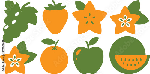 Fresh Fruit Vector Set – Colorful Grapes, Strawberry, Starfruit, Orange, Apple, Watermelon