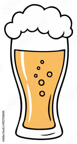 Cartoon beer glass with foamy head and bubbles in golden light beverage illustration.