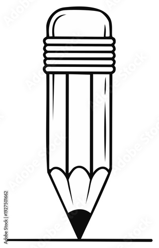 Black and white illustration of a sharpened pencil with an eraser, drawing a line.