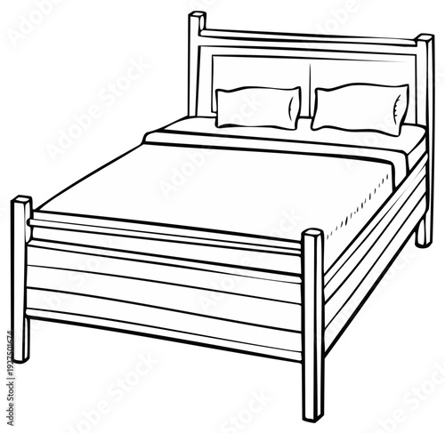 Simple Wooden Bed Frame with Pillows and Blanket Line Drawing