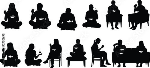 People eating silhouette collection with men and women sitting on chairs and floor, black vector illustration set for dining, food lifestyle and social gathering concept.