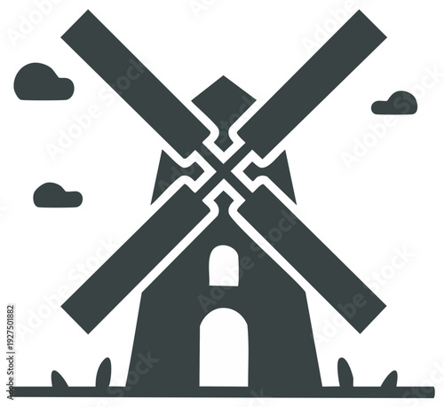 Traditional windmill icon with rotating blades and clouds against a white background