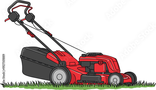 Red gasoline lawn mower on green grass isolated illustration, garden landscaping equipment, residential yard maintenance tool, outdoor power machine with grass catcher bag