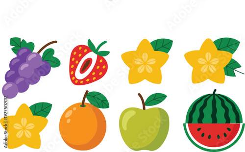 Fresh Fruit Vector Set  Colorful Grapes, Strawberry, Starfruit, Orange, Apple, Watermelon