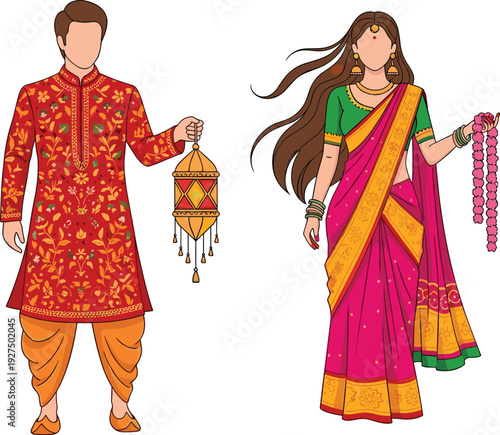 Traditional Indian couple vector illustration wearing festive ethnic clothing including red sherwani and pink saree holding a decorative lantern and floral garland for Diwali