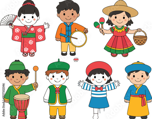 Happy children in traditional costumes, cultural diversity concept, international outfits, ethnic dress celebration, global unity, cartoon multicultural kids