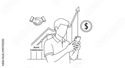 Man viewing upward trend graph on smartphone with handshake and dollar sign nearby