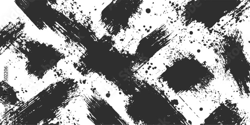 A dirty black and white grunge texture background featuring an artistic vector illustration of ink splatters, paint spray drips, and graffiti stains for a splat design element