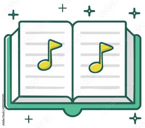 Open music book with notes cartoon style for learning and studying music