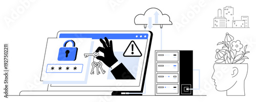 Hand holding key, laptop with password and lock, server, cloud, and warning sign. Ideal for cybersecurity, digital protection, data privacy, tech innovation alert systems safety simple flat