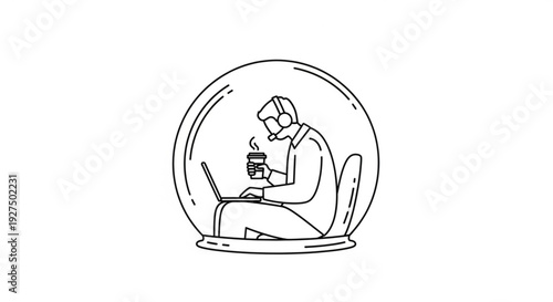 Man sitting inside a glass bubble working on laptop and drinking coffee