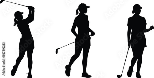 Black silhouette set of female golfers in various poses, women holding golf clubs, athletic sports action, professional lady golfer, competition
