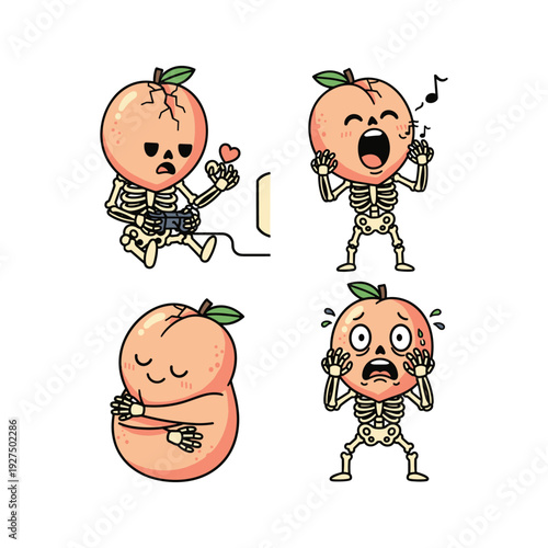 Cartoon skeleton peaches expressing emotions with music and copy space