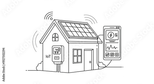 Smart home with solar panels and IoT devices monitored remotely on a smartphone screen