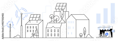 Renewable energy concept. Renewable energy powers urban development with solar panels and wind turbines in smart cities. Renewable energy fosters sustainability, clean energy, and green technology