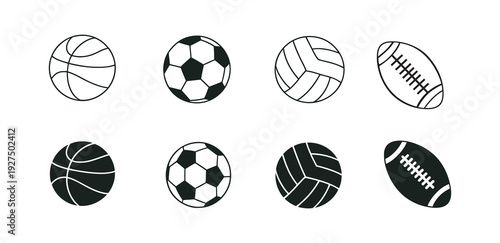 Black and white illustrations of various sports balls on white background