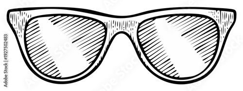 Stylized hand drawn sketch of sunglasses with hatched shading on lenses and frame
