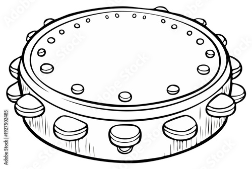 Outlined percussion instrument. Handheld tambourine isolated, musical tool.