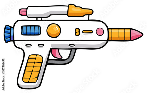 Colorful cartoon laser pistol toy, futuristic ray gun with pink, yellow, white and blue design details, science fiction weapon.