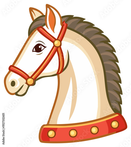 Whimsical carousel horse head illustration with decorative bridle and festive collar design
