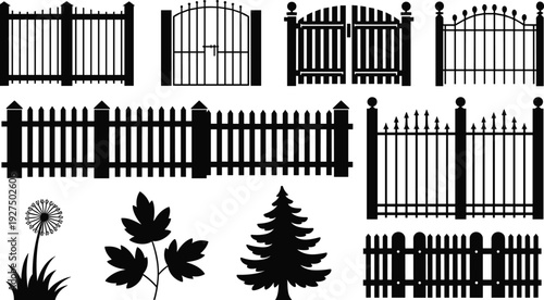 Black silhouette set of garden fences, wrought iron gates, wooden pickets, and decorative outdoor elements like pine trees, leaves, and dandelions