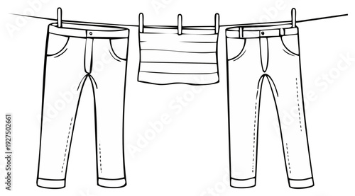 Line drawing of two pairs of trousers and a striped shirt hanging on a clothesline
