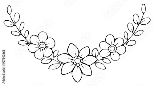 Floral illustration, stylized flower bouquet in a half circle, design element.