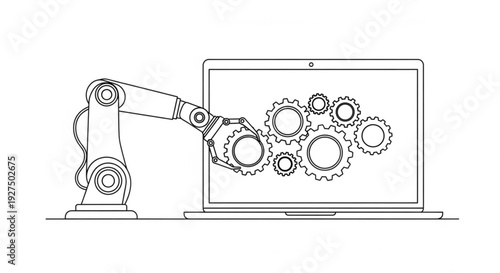 Robotic arm interacting with laptop screen displaying mechanical gears in a futuristic workspace setting from a side viewpoint