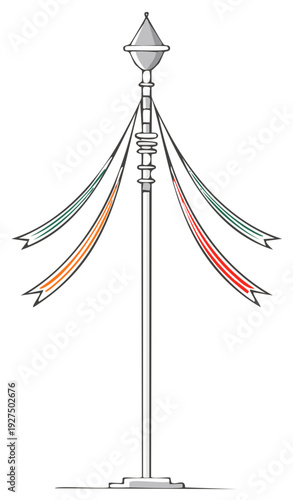Stylized illustration of a ceremonial pole with ribbons and flag design element.