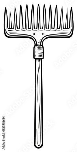 Handheld Garden Rake Tool Isolated Black and White Sketch