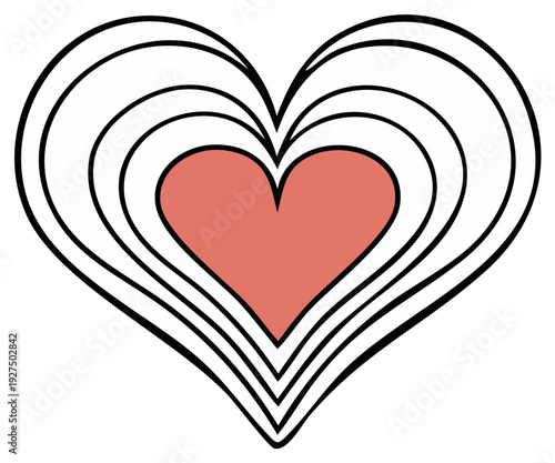 Concentric Heart Illustration with Red Center and Black Outlines on White Background