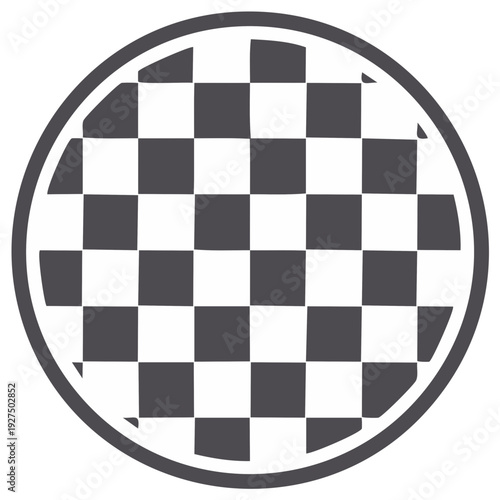 Circular checkerboard icon with a black and white checkered pattern. Simple geometric vector graphic.