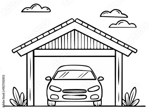 Hand-drawn vehicle parked inside garage with clouds above, line art illustration style