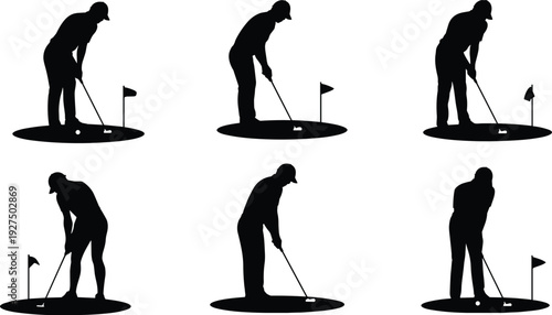 Black silhouette set of male golfer putting on green with flag, professional golf player in various sports poses, outdoor recreation