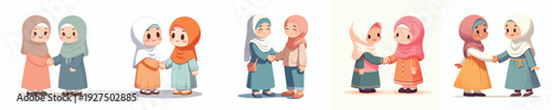 vector of Muslim brothers little girl shaking hands on Eid al-Fitr