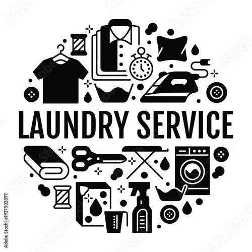 Laundry service circular icon set with ironing washing and clothes items