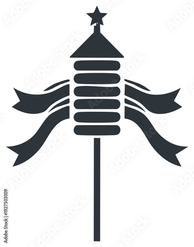 Silhouette Icon of a Celebration Tower with Star Topper and Ribbons Festive Holiday Symbol