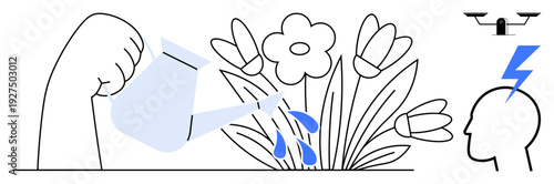 Growth, creativity, innovation, sustainability, mental health, future technology. A hand watering flowers with blue droplets, a mind symbol and a quadcopter. Growth and creativity conceptually