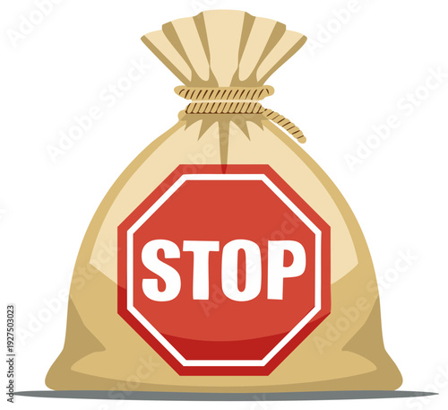 Cartoon Sand Bag with Red Stop Sign Attached, Symbol of Prohibition or Obstacle