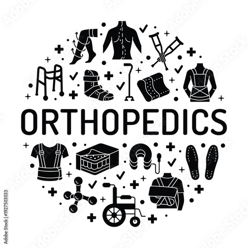 Orthopedics circular icon set with crutches brace wheelchair and body parts