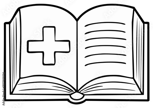 Open book illustration featuring a medical cross symbol in black and white.