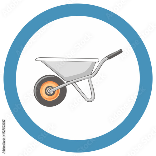 Classic garden wheelbarrow illustration within a blue circular frame on a white background